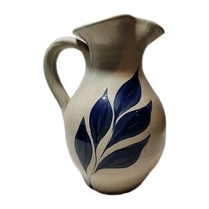 Vintage Williamsburg Pottery salt-glazed stoneware pitcher cobalt blue leaf 6"